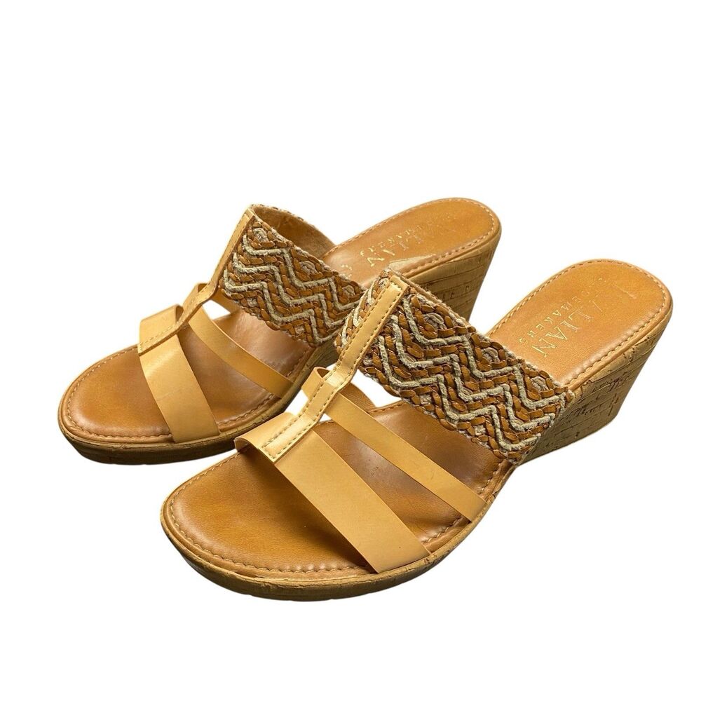 Italian Shoemakers Wedge Sandals Tan Woven Cork Heel Slides Italy Women 9.5M